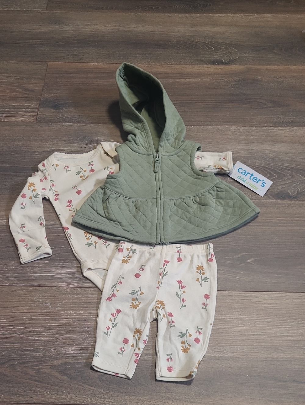 Carter's NEW 3Pc Cotton Blend Pink Floral Green Vest Sleeveless Hoodie Newborn